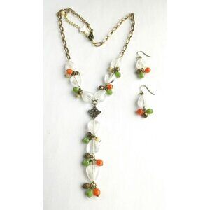 Vintage Czech artisan beaded white milk glass butterfly necklace earring set